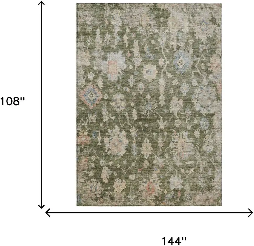 Olive Green Beige And Blue Floral Washable Indoor Outdoor Area Rug Photo 3
