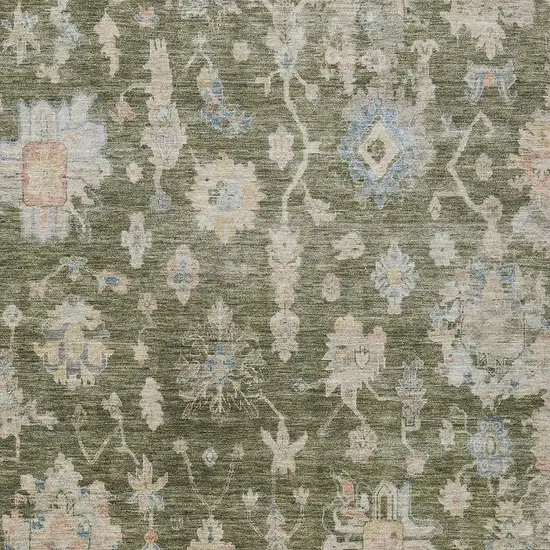 Olive Green Beige And Blue Floral Washable Indoor Outdoor Area Rug Photo 4