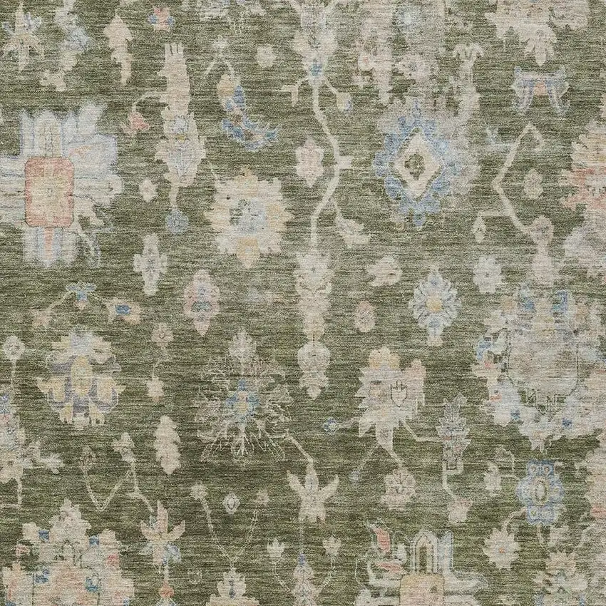 Olive Green Beige And Blue Floral Washable Indoor Outdoor Area Rug Photo 4