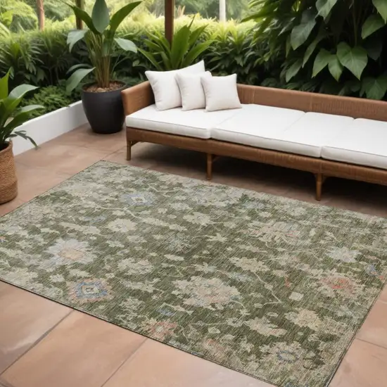 Olive Green Beige And Blue Floral Washable Indoor Outdoor Area Rug Photo 1