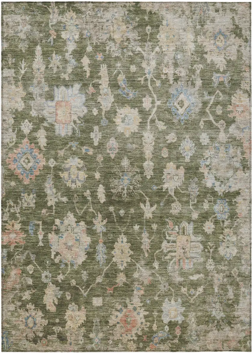 Olive Green Beige And Blue Floral Washable Indoor Outdoor Area Rug Photo 8
