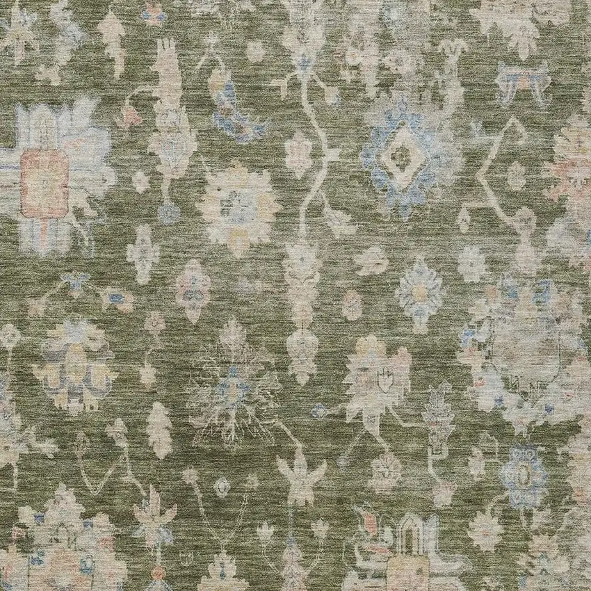 Olive Green Beige And Blue Floral Washable Indoor Outdoor Area Rug Photo 4