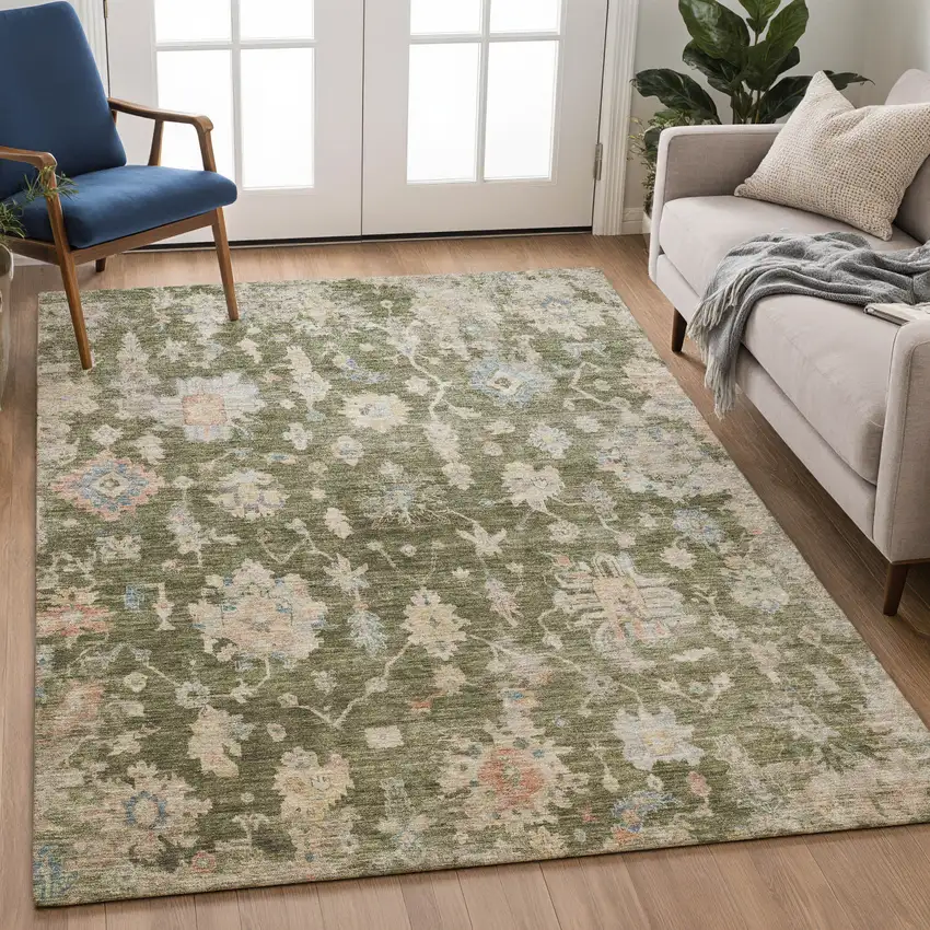 Olive Green Beige And Blue Floral Washable Indoor Outdoor Area Rug Photo 4