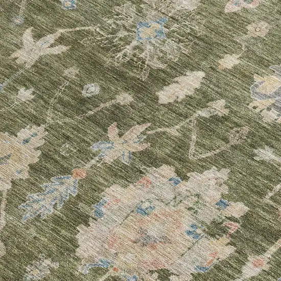 Olive Green Beige And Blue Floral Washable Indoor Outdoor Area Rug Photo 2