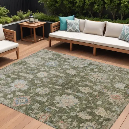 Olive Green Beige And Blue Floral Washable Indoor Outdoor Area Rug Photo 1