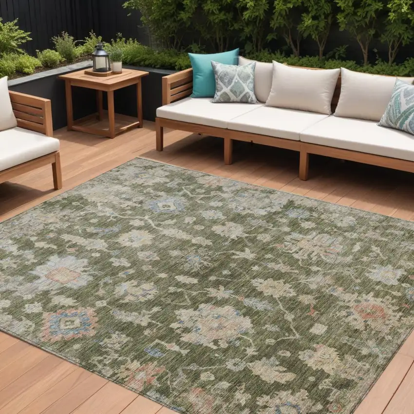 Olive Green Beige And Blue Floral Washable Indoor Outdoor Area Rug Photo 1
