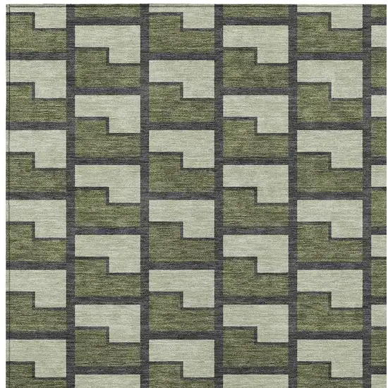Olive Green Beige And Charcoal Geometric Washable Indoor Outdoor Area Rug Photo 2