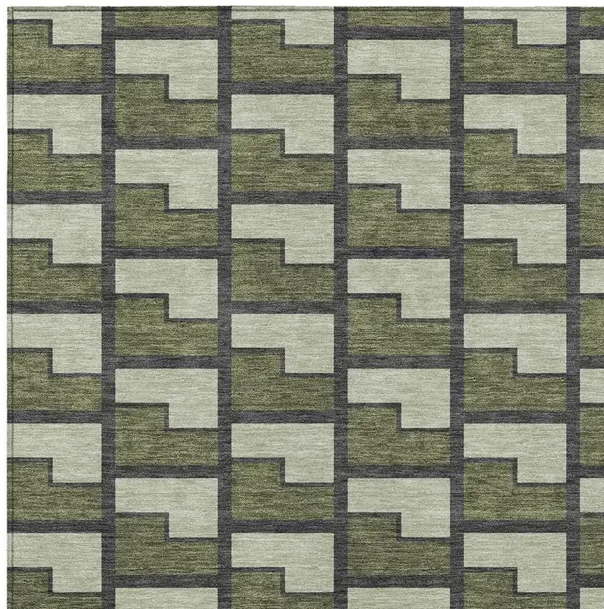 Olive Green Beige And Charcoal Geometric Washable Indoor Outdoor Area Rug Photo 2
