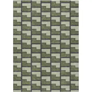 Photo of Olive Green Beige And Charcoal Geometric Washable Indoor Outdoor Area Rug