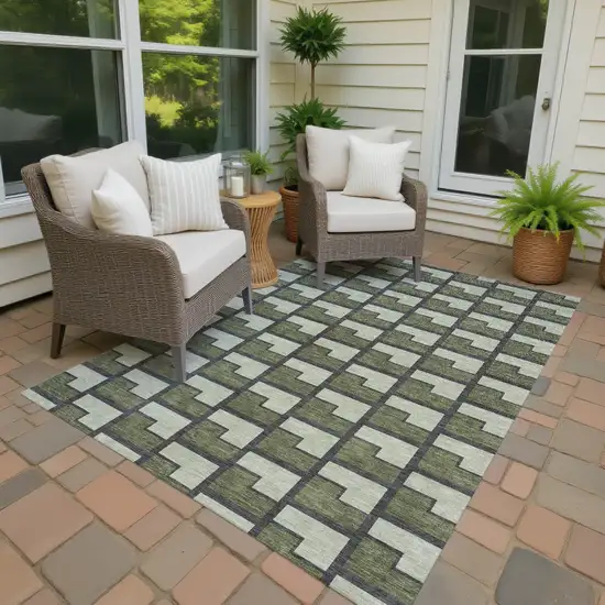 Olive Green Beige And Charcoal Geometric Washable Indoor Outdoor Area Rug Photo 4