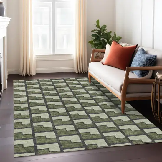 Olive Green Beige And Charcoal Geometric Washable Indoor Outdoor Area Rug Photo 6