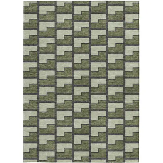 Olive Green Beige And Charcoal Geometric Washable Indoor Outdoor Area Rug Photo 3