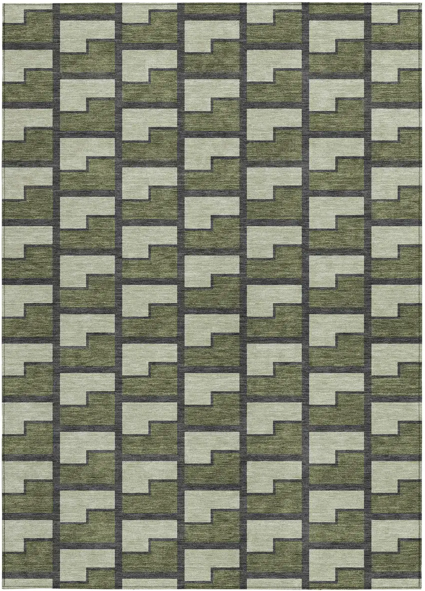 Olive Green Beige And Charcoal Geometric Washable Indoor Outdoor Area Rug Photo 3