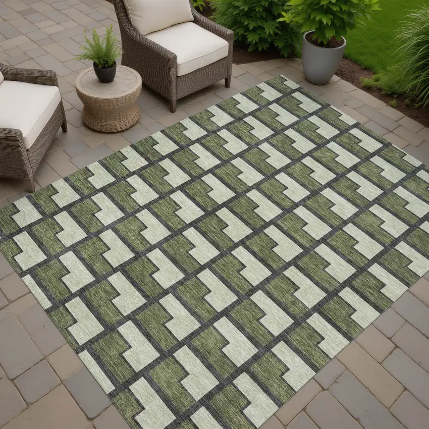 Olive Green Beige And Charcoal Geometric Washable Indoor Outdoor Area Rug Photo 7