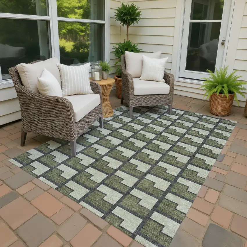 Olive Green Beige And Charcoal Geometric Washable Indoor Outdoor Area Rug Photo 4