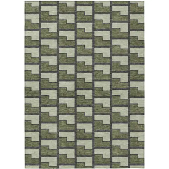 Olive Green Beige And Charcoal Geometric Washable Indoor Outdoor Area Rug Photo 1