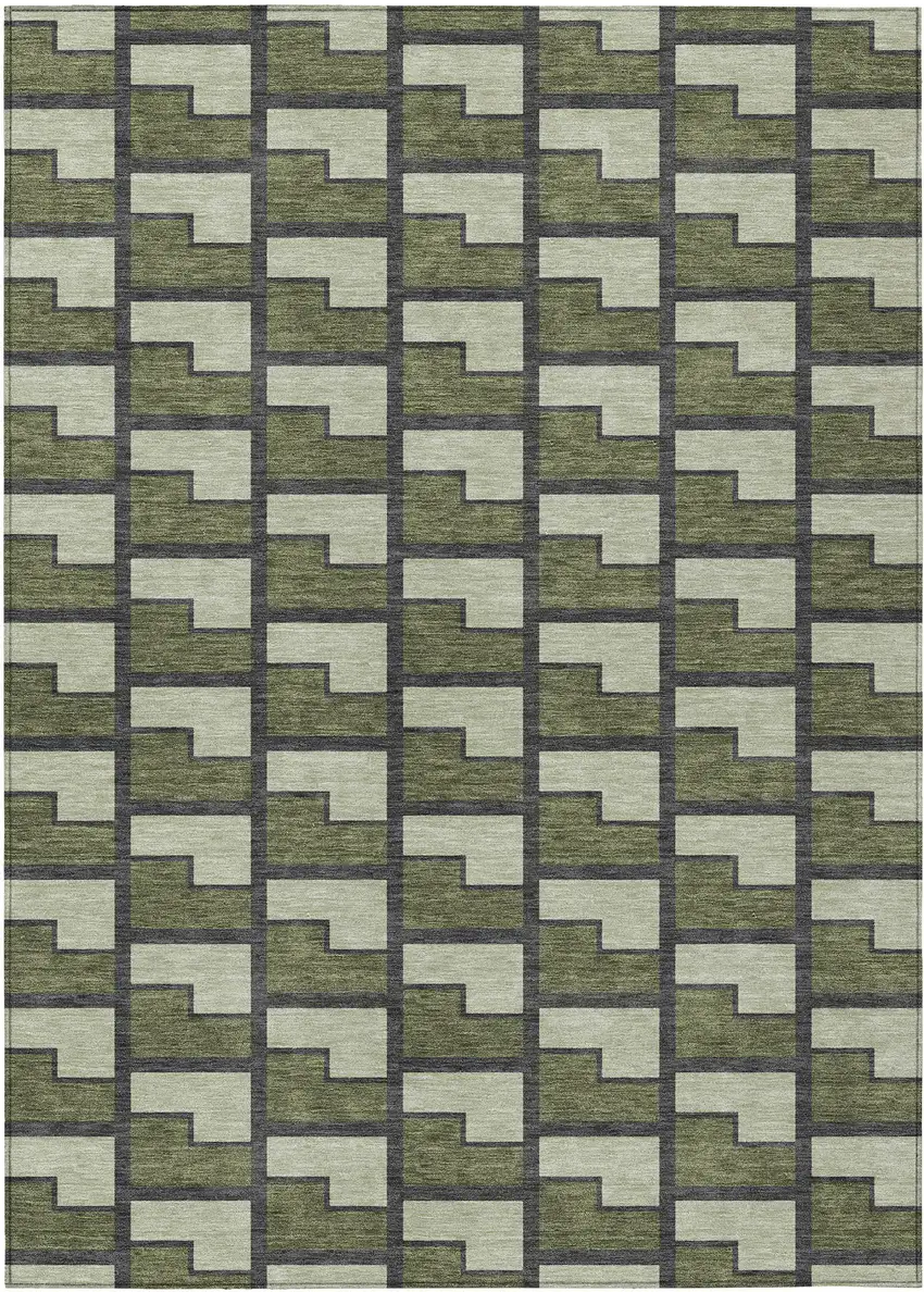 Olive Green Beige And Charcoal Geometric Washable Indoor Outdoor Area Rug Photo 1
