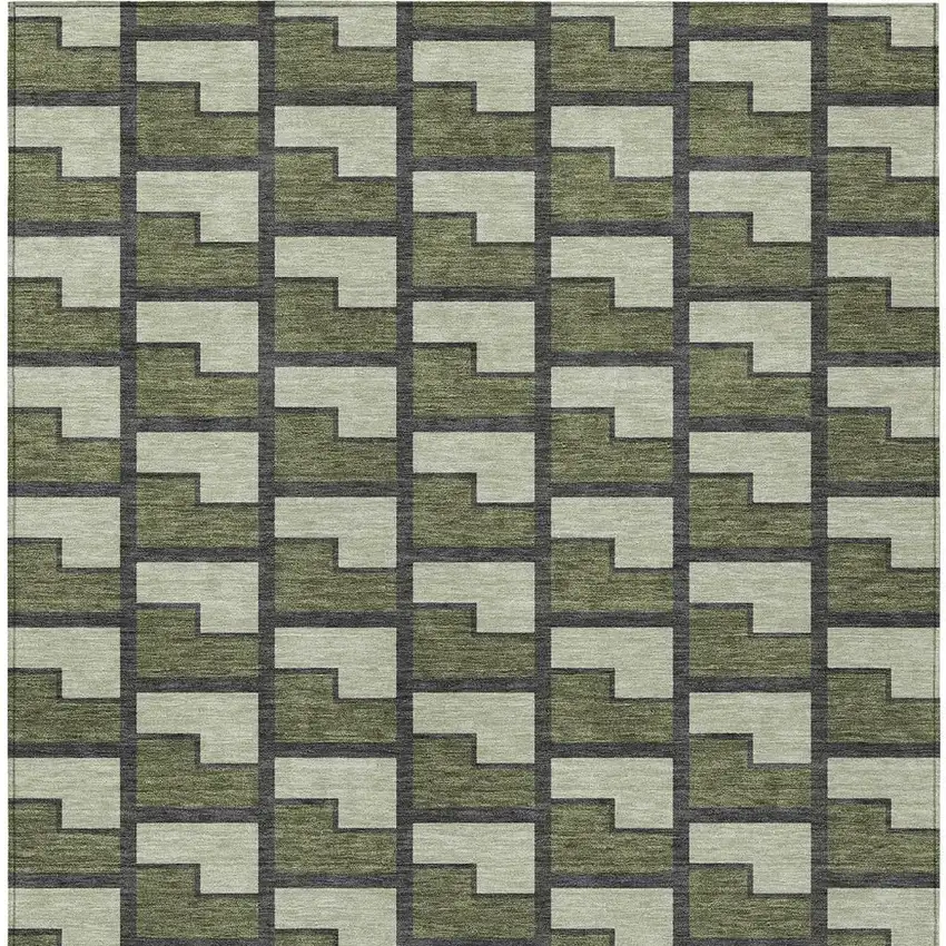 Olive Green Beige And Charcoal Geometric Washable Indoor Outdoor Area Rug Photo 3
