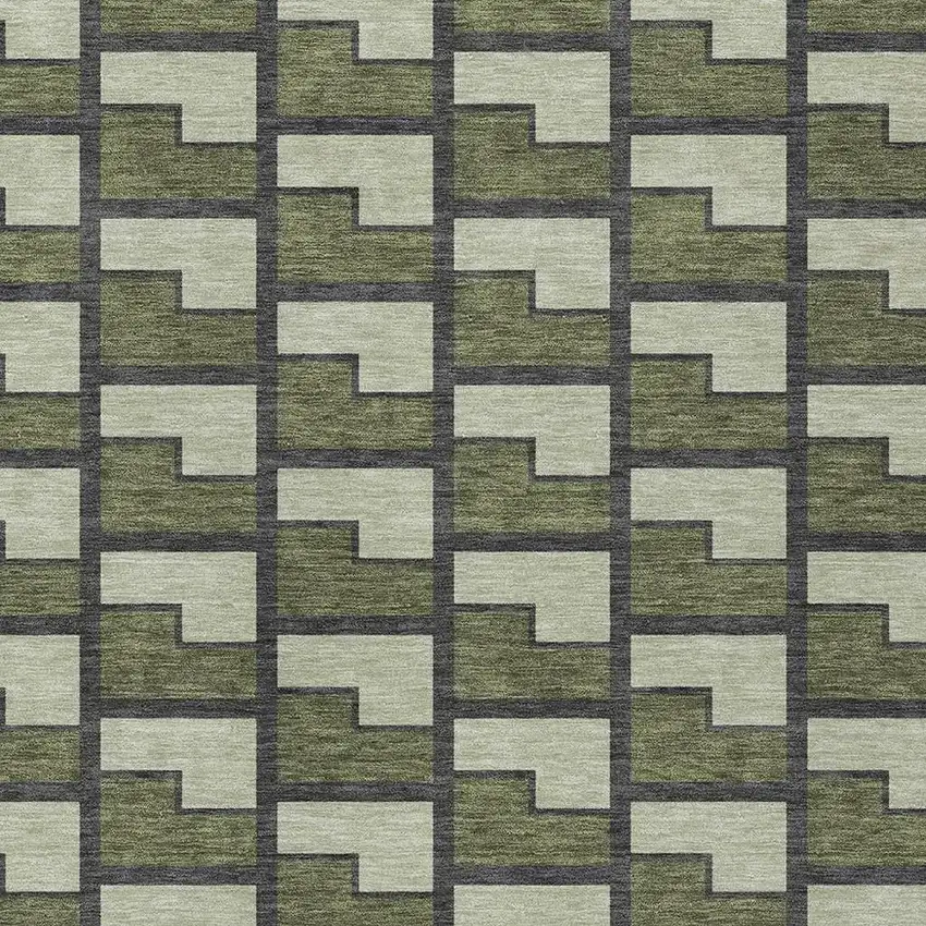 Olive Green Beige And Charcoal Geometric Washable Indoor Outdoor Area Rug Photo 2