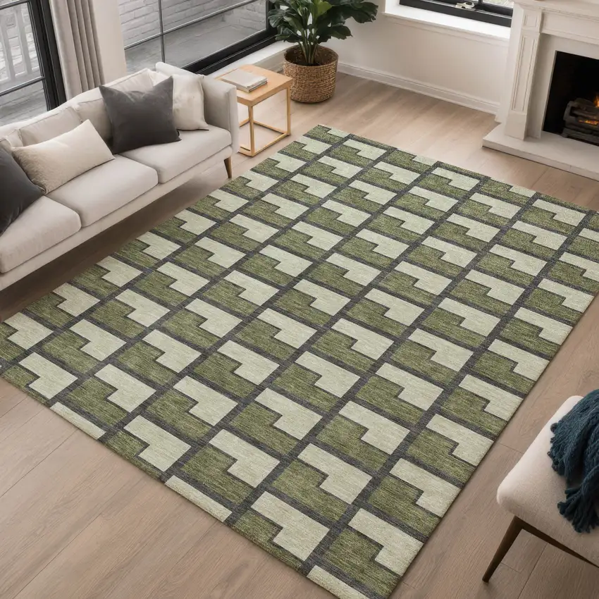 Olive Green Beige And Charcoal Geometric Washable Indoor Outdoor Area Rug Photo 5