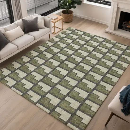 Olive Green Beige And Charcoal Geometric Washable Indoor Outdoor Area Rug Photo 5