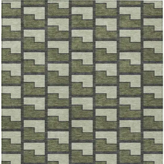 Olive Green Beige And Charcoal Geometric Washable Indoor Outdoor Area Rug Photo 3