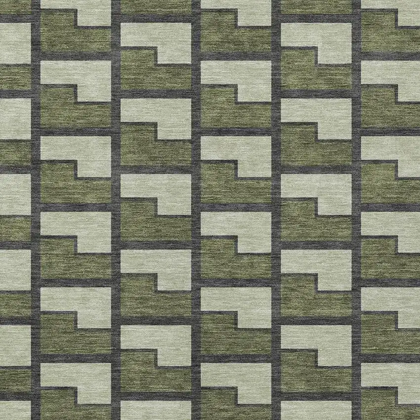 Olive Green Beige And Charcoal Geometric Washable Indoor Outdoor Area Rug Photo 2
