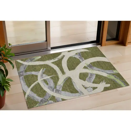 Olive Green Beige And Gray Abstract Washable Indoor Outdoor Area Rug Photo 1