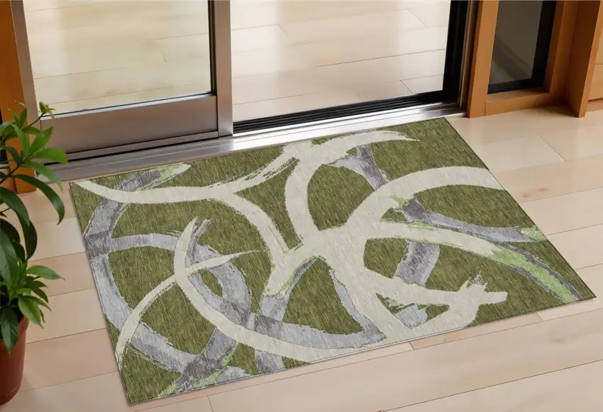 Olive Green Beige And Gray Abstract Washable Indoor Outdoor Area Rug Photo 1