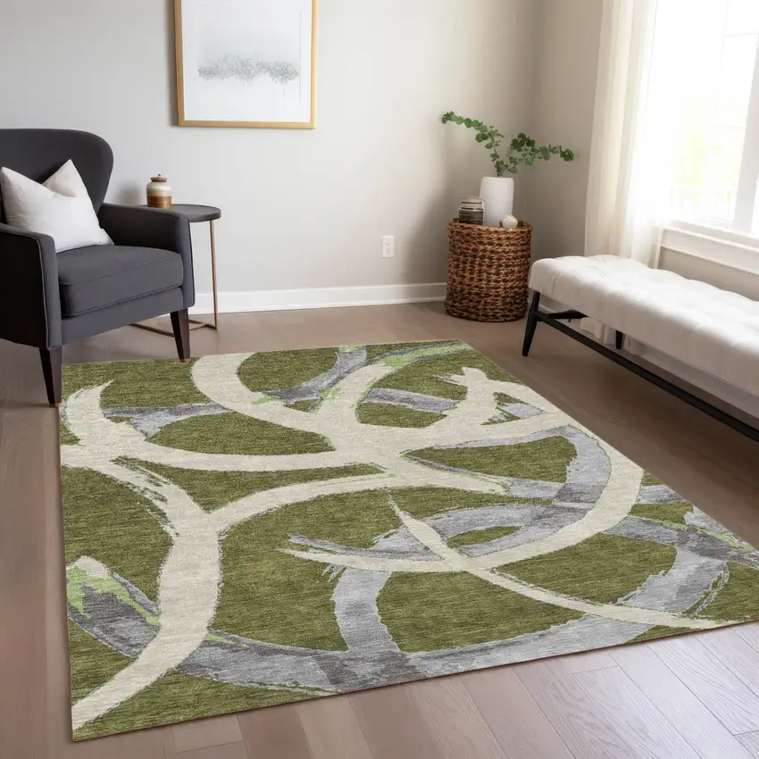 Olive Green Beige And Gray Abstract Washable Indoor Outdoor Area Rug Photo 9