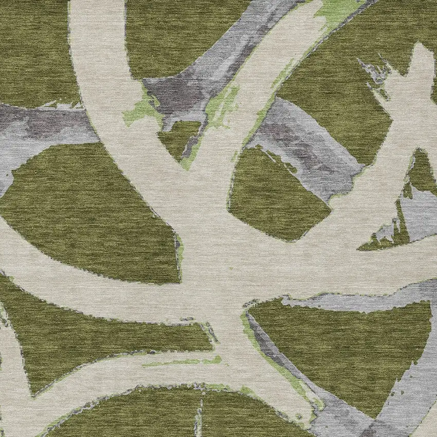 Olive Green Beige And Gray Abstract Washable Indoor Outdoor Area Rug Photo 6