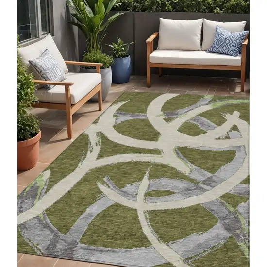 Olive Green Beige And Gray Abstract Washable Indoor Outdoor Area Rug Photo 1