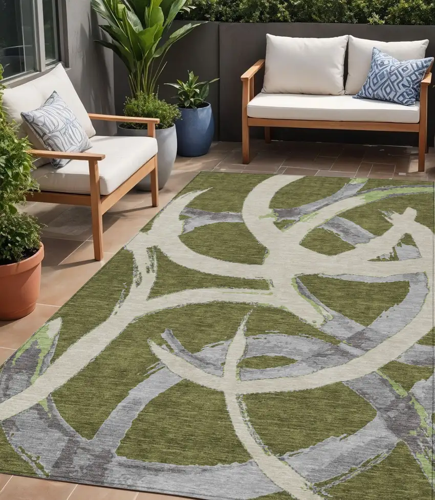 Olive Green Beige And Gray Abstract Washable Indoor Outdoor Area Rug Photo 1