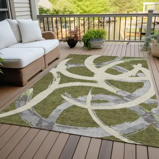 Olive Green Beige And Gray Abstract Washable Indoor Outdoor Area Rug Photo 9