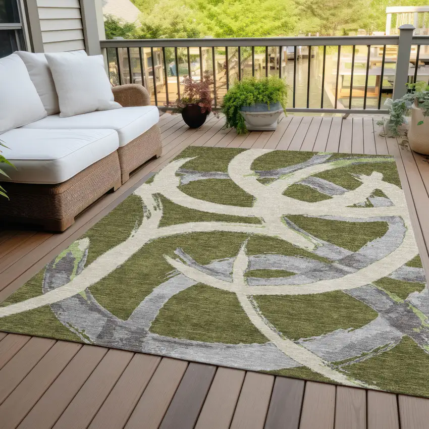 Olive Green Beige And Gray Abstract Washable Indoor Outdoor Area Rug Photo 9