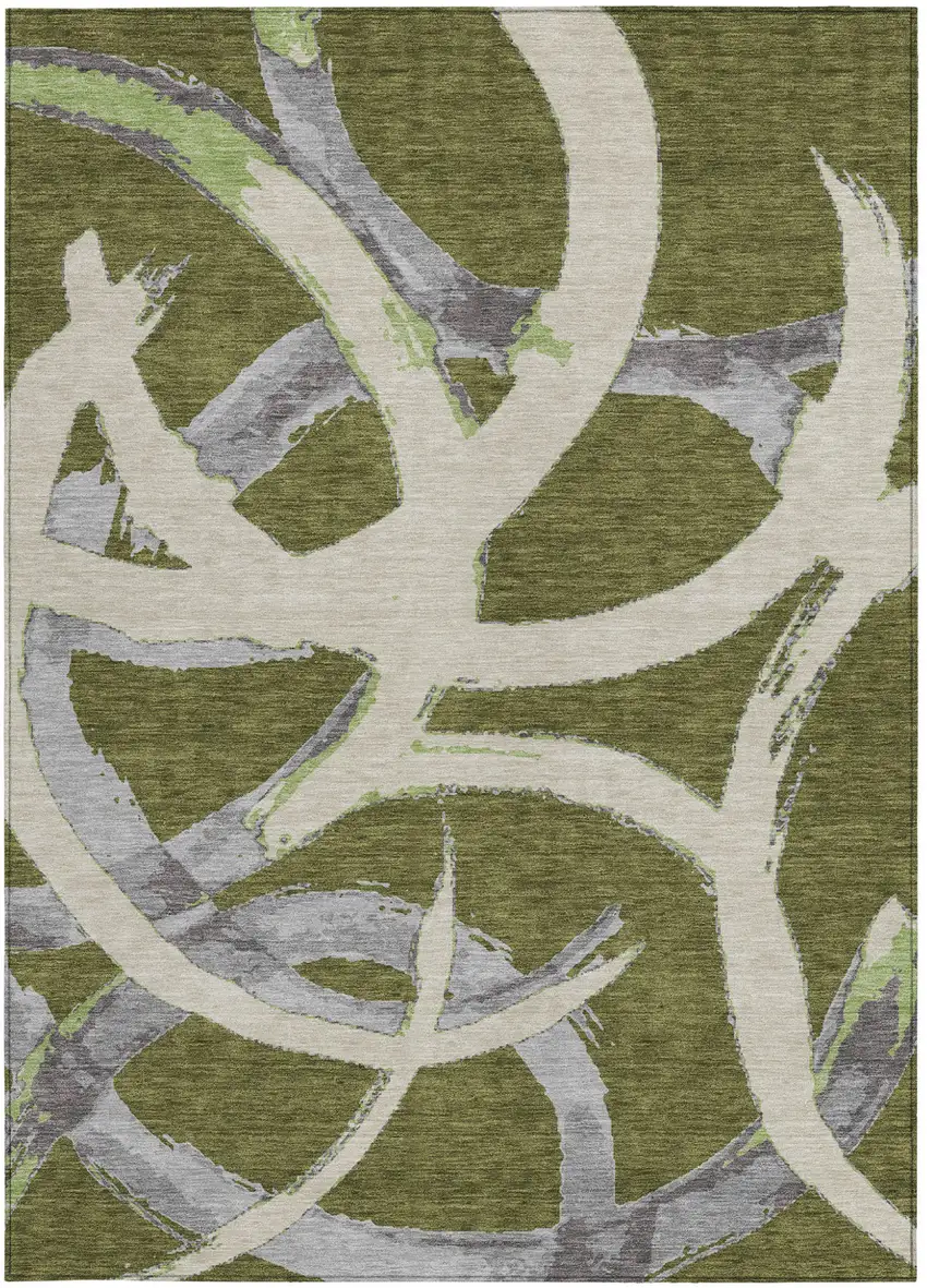 Olive Green Beige And Gray Abstract Washable Indoor Outdoor Area Rug Photo 7