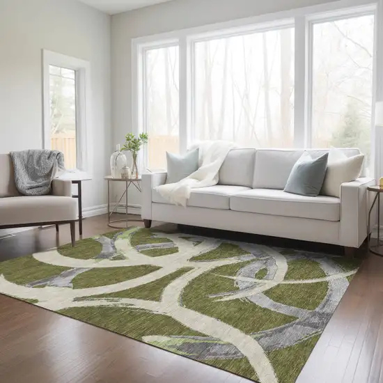 Olive Green Beige And Gray Abstract Washable Indoor Outdoor Area Rug Photo 9