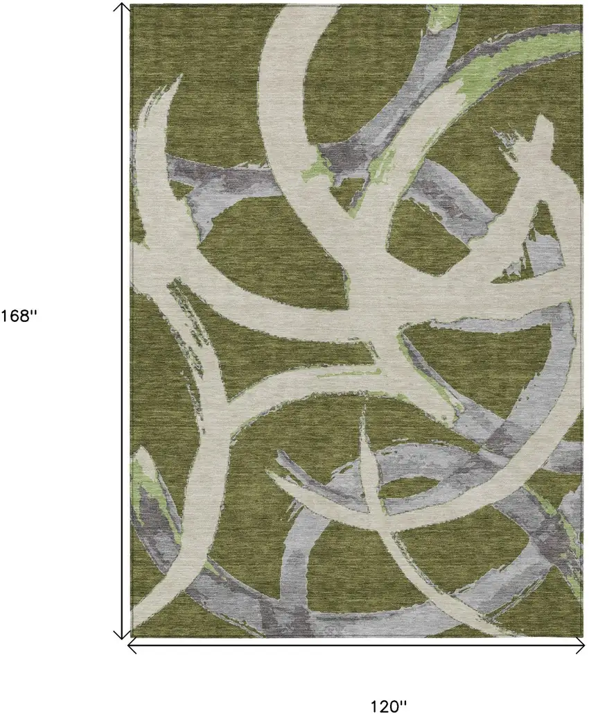 Olive Green Beige And Gray Abstract Washable Indoor Outdoor Area Rug Photo 3
