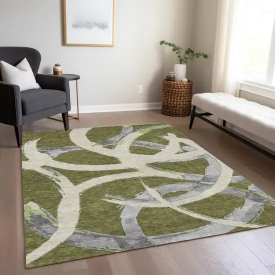 Olive Green Beige And Gray Abstract Washable Indoor Outdoor Area Rug Photo 9