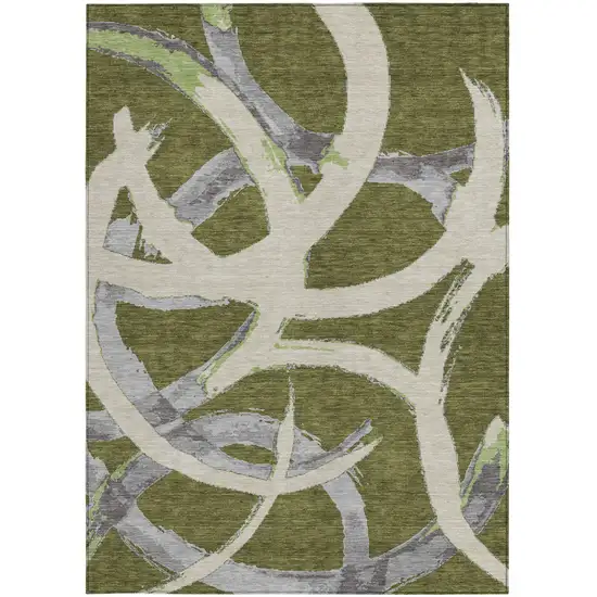 Olive Green Beige And Gray Abstract Washable Indoor Outdoor Area Rug Photo 7