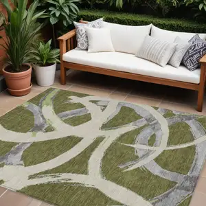 Photo of Olive Green Beige And Gray Abstract Washable Indoor Outdoor Area Rug