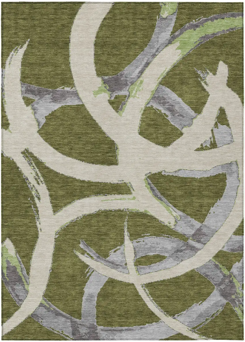 Olive Green Beige And Gray Abstract Washable Indoor Outdoor Area Rug Photo 2