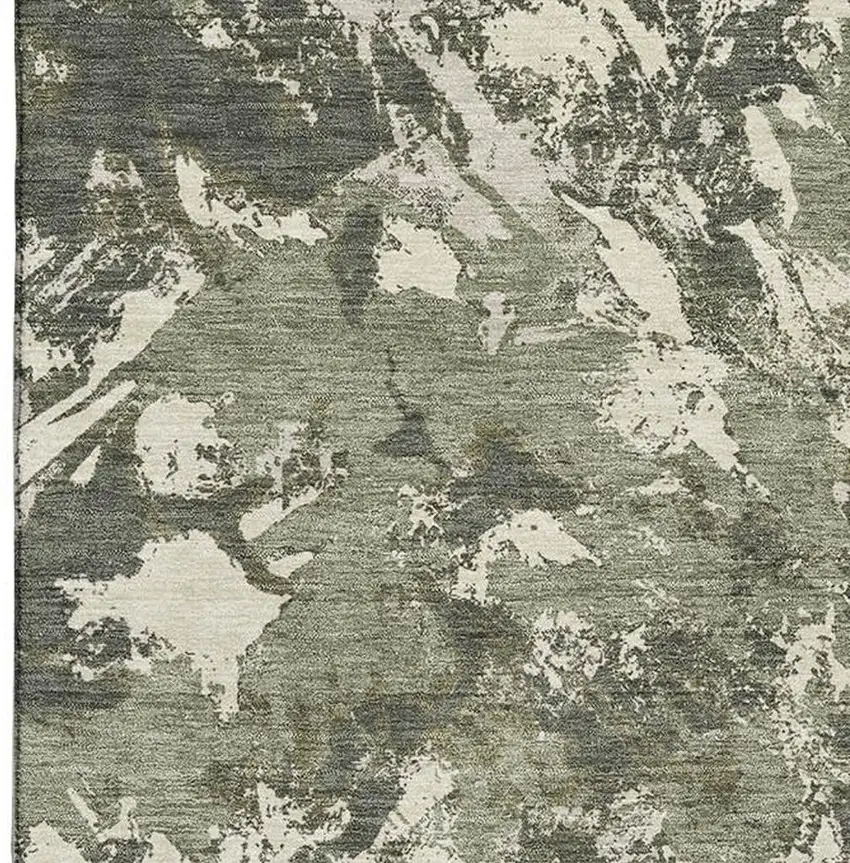 Olive Green Beige And Ivory Floral Washable Area Rug With UV Protection Photo 4