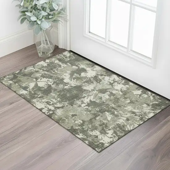 Olive Green Beige And Ivory Floral Washable Area Rug With UV Protection Photo 1