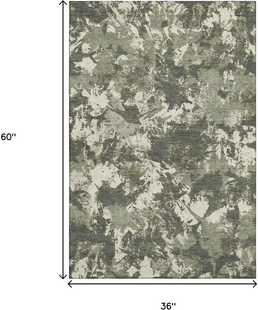 Olive Green Beige And Ivory Floral Washable Area Rug With UV Protection Photo 3