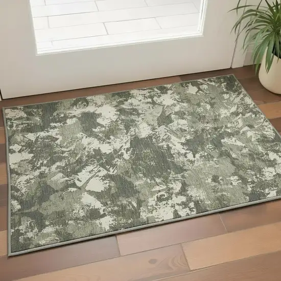Olive Green Beige And Ivory Floral Washable Area Rug With UV Protection Photo 2