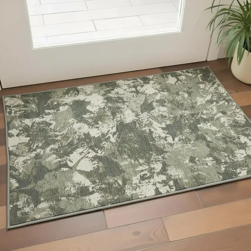 Olive Green Beige And Ivory Floral Washable Area Rug With UV Protection Photo 2