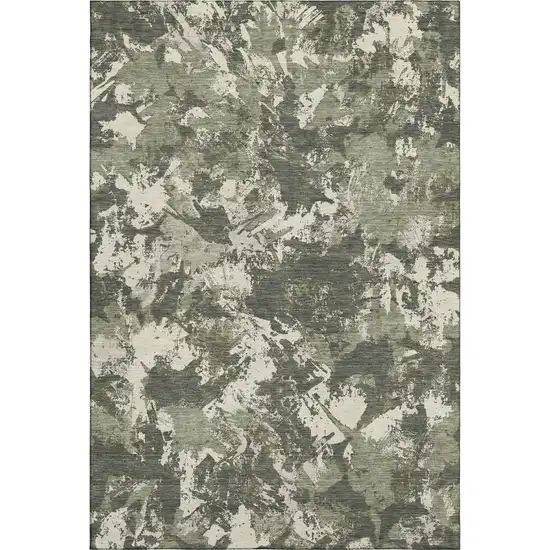 Olive Green Beige And Ivory Floral Washable Area Rug With UV Protection Photo 1