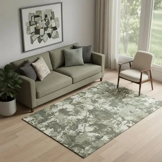 Olive Green Beige And Ivory Floral Washable Area Rug With UV Protection Photo 1