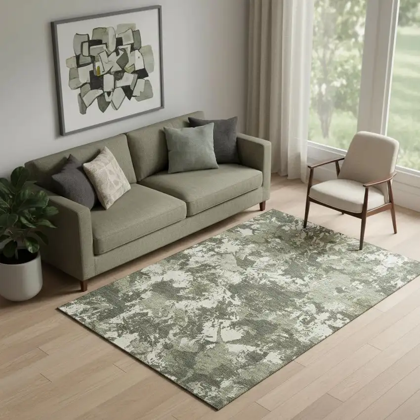 Olive Green Beige And Ivory Floral Washable Area Rug With UV Protection Photo 1